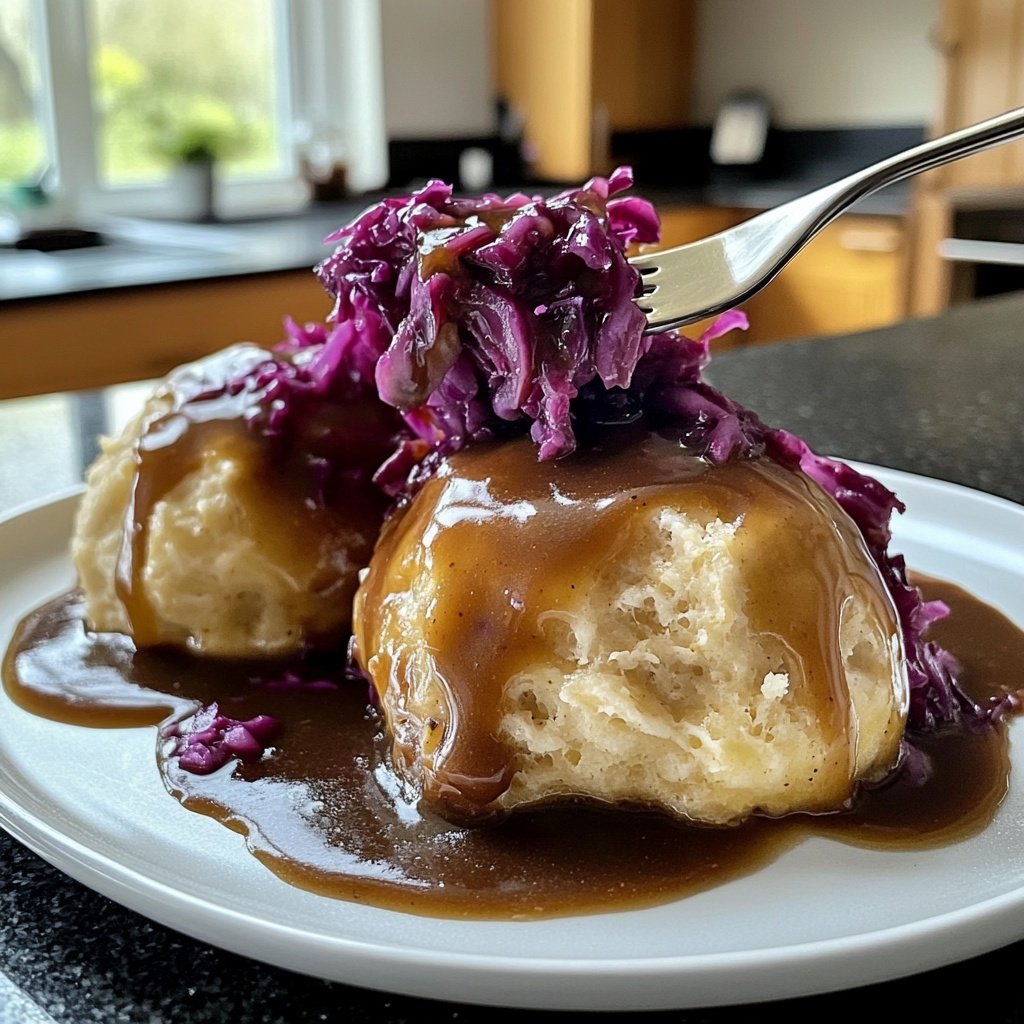 Saftige Semmelknödel mit Rotkohl & Bratensoße
