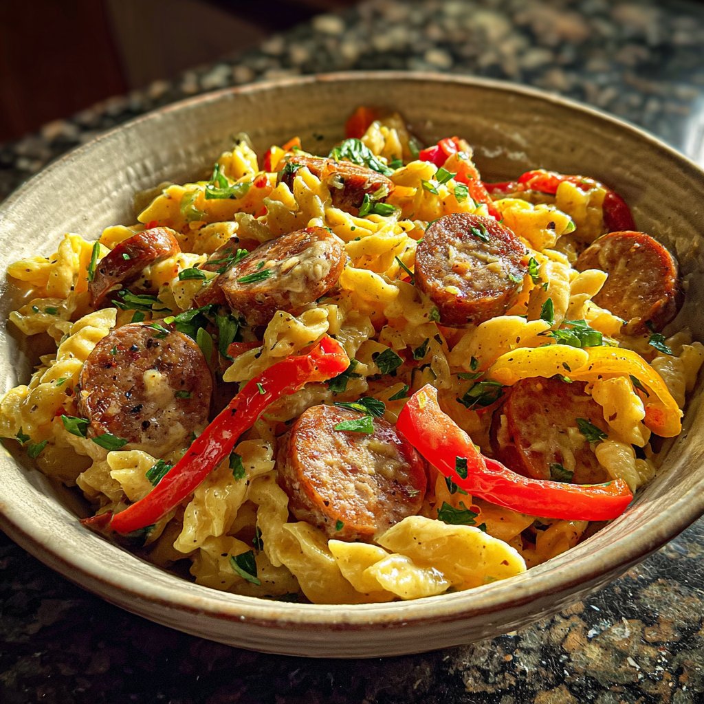 One Pot Creamy Cajun Sausage Pasta mit Paprika