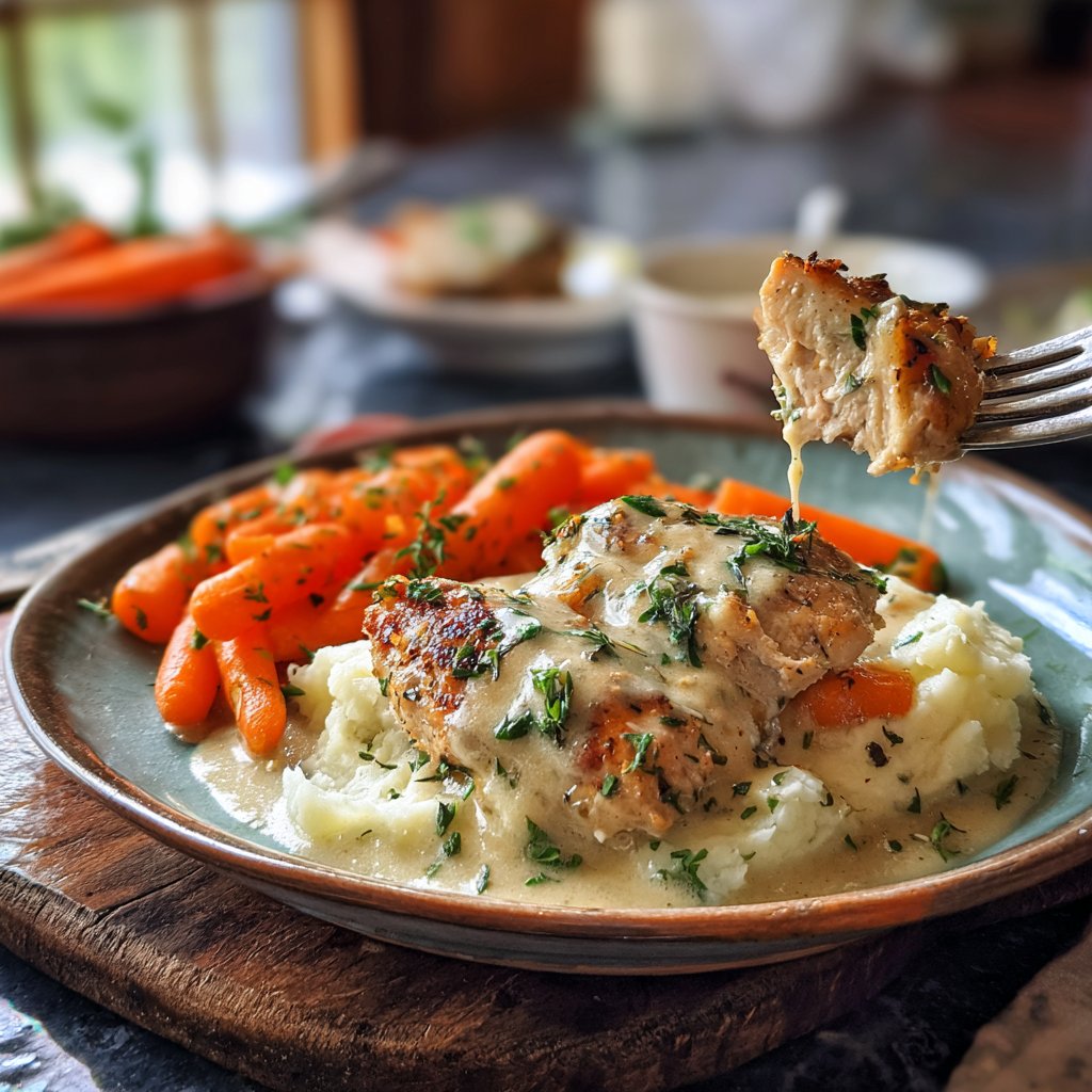Cremiges Kräuterhähnchen mit Kartoffelpüree und Honigglasierten Karotten