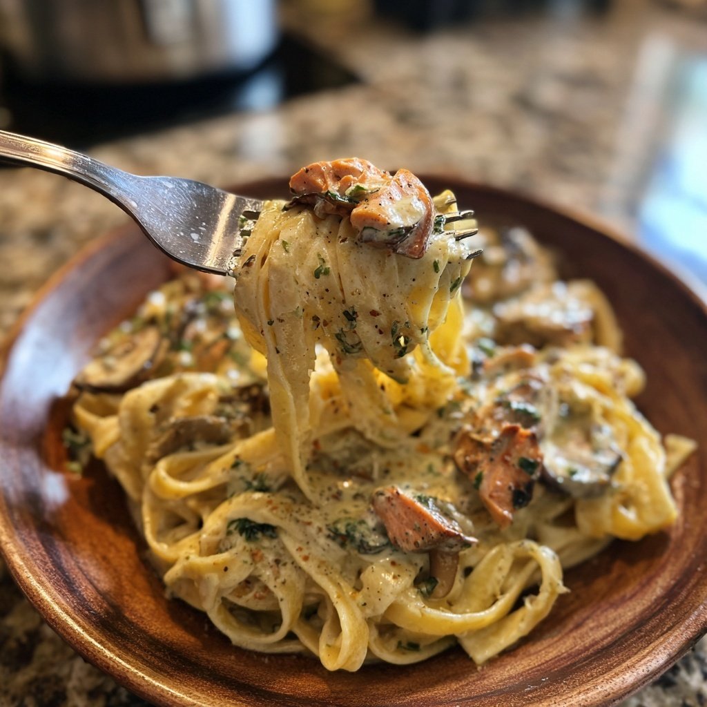 Cremige Pilz-Lachs-Tagliatelle