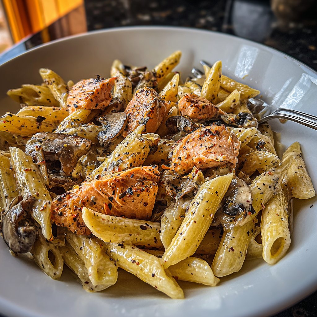 Cremige Lachs-Pasta mit Pilzen
